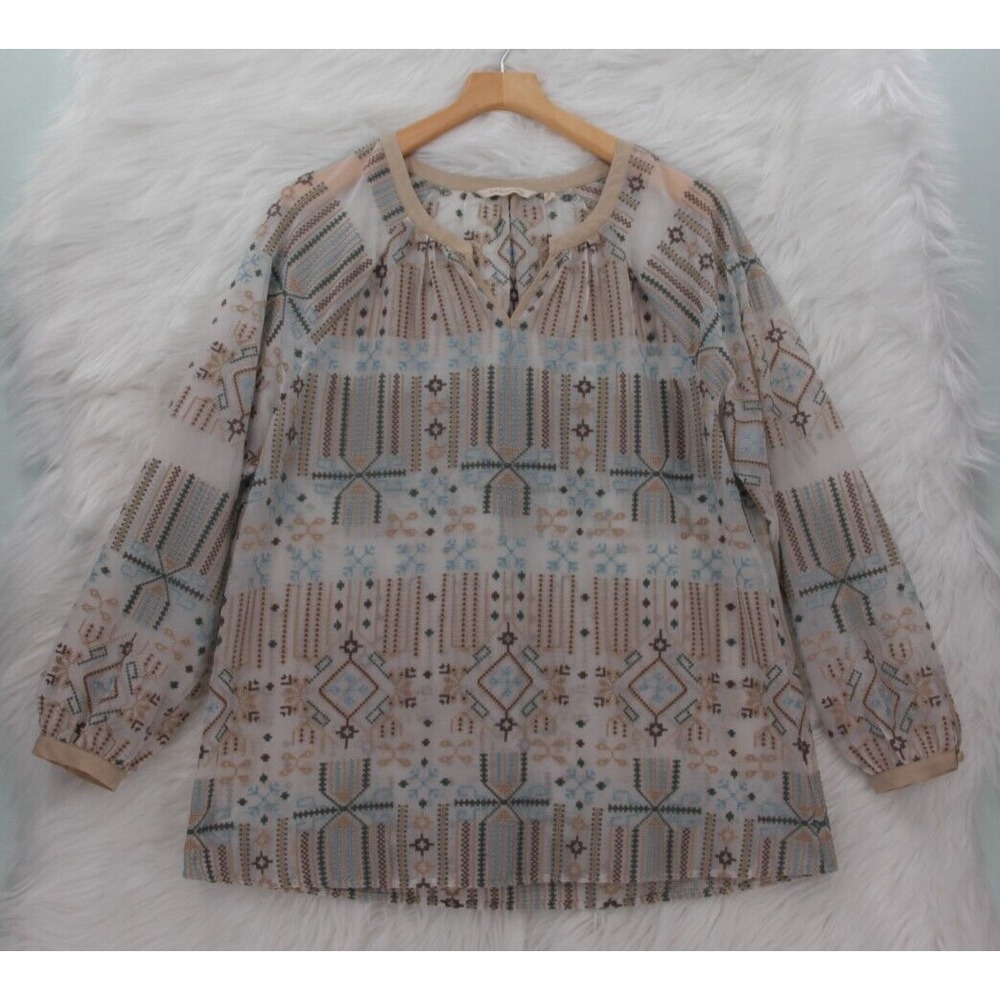 Soft Surroundings Top Women's XL Tan Blue Geometric Blouse Lightweight #1477